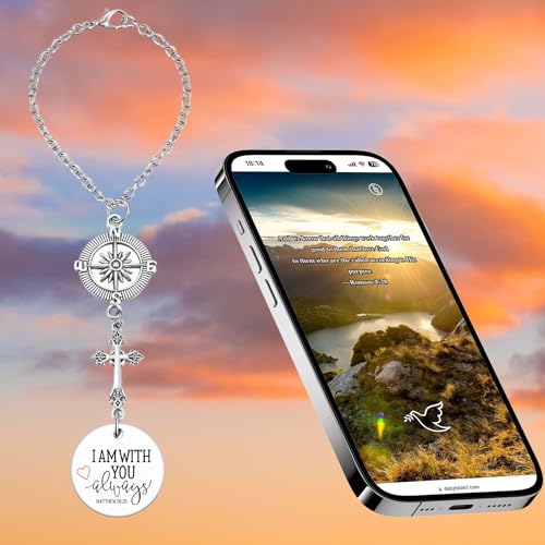 Daily Bible Verse Rearview Mirror Cross Car Charm Ornament – Daily Scripture Cars Charm Hanging Cross for Car with “I Am with You Always” Medallion Religious Gift