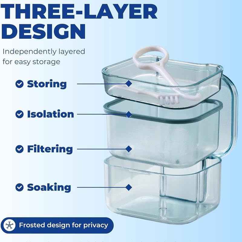 3-Layer Retainer Storage Box, Denture Case with Lid, Portable Mouth Guard Container Tooth socket storage case holder box Immersion box (Blue) - color: Blue