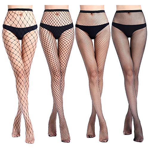 E-Laurels Womens High Waist Patterned Fishnet Tights Suspenders Pantyhose Thigh High Stockings Black - color: Black 4 Pairs
