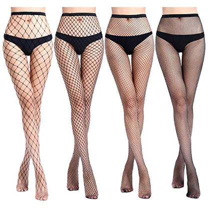 E-Laurels Womens High Waist Patterned Fishnet Tights Suspenders Pantyhose Thigh High Stockings Black - color: Black 4 Pairs