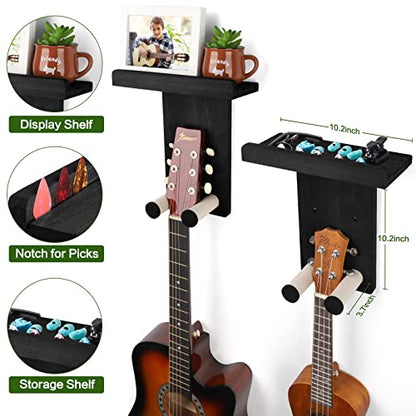 Keebofly Guitar Wall Mount 3-Pack - Rustic Wood Guitar Hanger with Pick Holder for Acoustic, Electric, Bass Guitars & Ukulele (Matte Black, Screw-Mounted) [Patented] - color: 3 Pack_Black