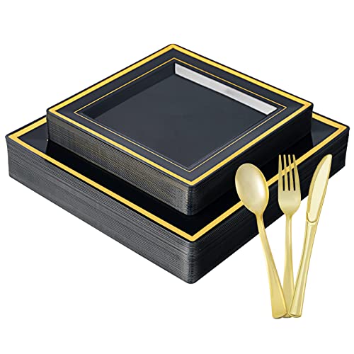 JOLLY CHEF 25 Guests Plastic Plates Set Gold Disposable Dinnerware Set - color: BLACK GOLD Square-125pack