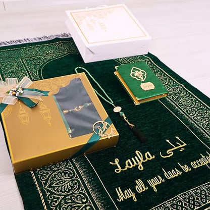 IEF Personalized Wedding Gifts Prayer Mat, Eid Gifts Quran Prayer Beads Set Birthday Gifts for Women Mother's Day Gifts Anniversary Gift Chenille Prayer Rug Pearl Prayer Beads Arabic Quran (Green) - color: Green
