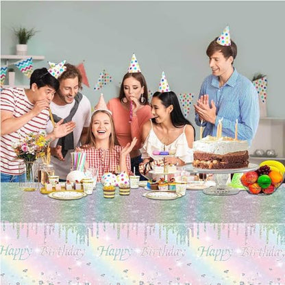 Kesfey Rainbow Birthday Tablecloths Pastel Silver Glitter Table Cover | 54×108 Inch,Silver Sprinkle Rainbow Tie Dye,Disposable, Waterproof, Rectangle Table Cover, Party Supplies Decoration - color: Rainbow Birthday