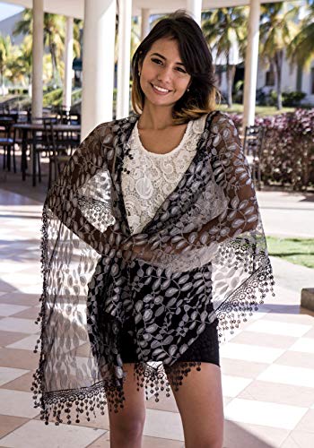 Cindy & Wendy Lightweight Soft Leaf Lace Fringe Scarf Bridal Shawl for Women - color: Black Grey