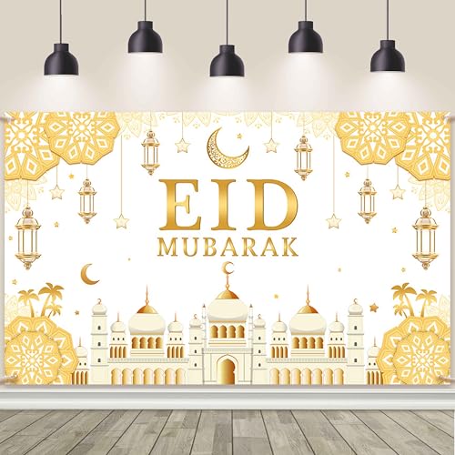 AIBIIN Eid Mubarak Backdrop Banner White Gold Themed Party Decorations for Eid Mubarak Ramadan Party Supplies Banner Photo Booth Prop 94.48 x 70.8 Inch - color: White Gold, size: 8x6ft