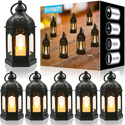 SHYMERY 깜박이는 LED 양초가 있는 미니 랜턴, 빈티지 블랙 장식 벽걸이 캔들 랜턴, 할로윈, 웨딩 장식, 크리스마스, 테이블 센터피스, 배터리 포함(6개 세트)