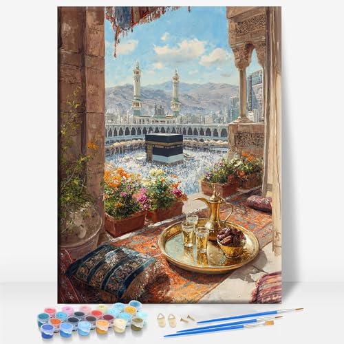 Aeontinity KAABA MECCA Islamic Lantern Room Ramadan Islam Framed Canvas DIY Paint by Numbers Kit Bar Cafe Cave Home Room Wall Bathroom Porch Patio Decor Gift, 16 x 12 Inch - color: KAABA MECCA ISLAMIC LANTERN ROOM RAMADAN - 16 x 12 Inch