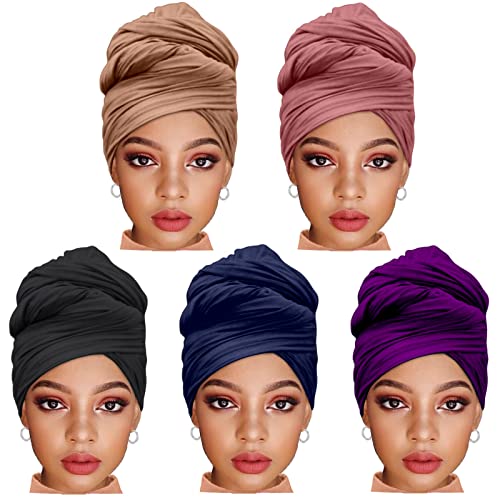 ZRQ 5 Pieces African Women's Head Waps Stretch Turban Hijab Soft and Breathable Super Long Scarf Solid Color Combination Suitable for Women (Black,Camel,Dark powder,Dark Blue,Dark Purple) - color: Black,camel,dark Powder,dark Blue,dark Purple