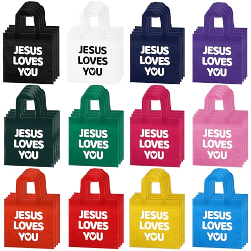 48 Pcs Christian Gift Bags Bulk Reusable Jesus Loves You Gift Bags with Handles, Non Woven Religious Gifts Bag for Church First Communion VBS Baptism Ramadan Party Favor Goodie Treat Bag (12 Colors)