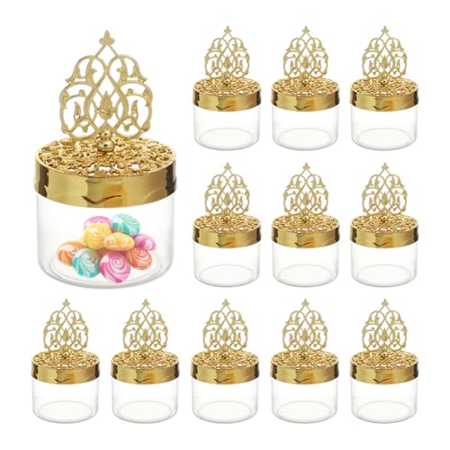 12PCS Candy Boxes with Lid Candy Containers for Ramadan Eid Mubarak Islamic Party Decor Treat Boxes Wedding Favor Boxes Decorating Ornament Container Storage Container Candy Jars for Party - color: golden - clear