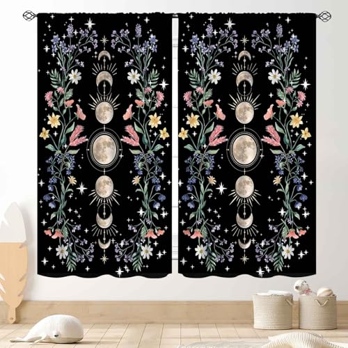 Floral Moon Phase Curtains, Boho Vintage Wild Flower Gothic Witchy Moonlit Botanical Plants Aesthetic Art Printed Mysterious Window Drapes Treatments for Kitchen Bedroom Living Room, 42"x45" Inch - color: Moonlit-07, size: 21"W x 45"L (Pack of 2)