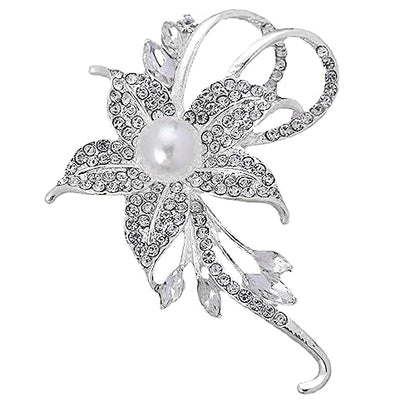 Crystal Pearl Flower Brooches Pins Fashion Beautiful Created Rhinestone Floral Brooch Good Idea for Party Dance Wedding Banquet for Elegant Women Girl - color: Silver Flower