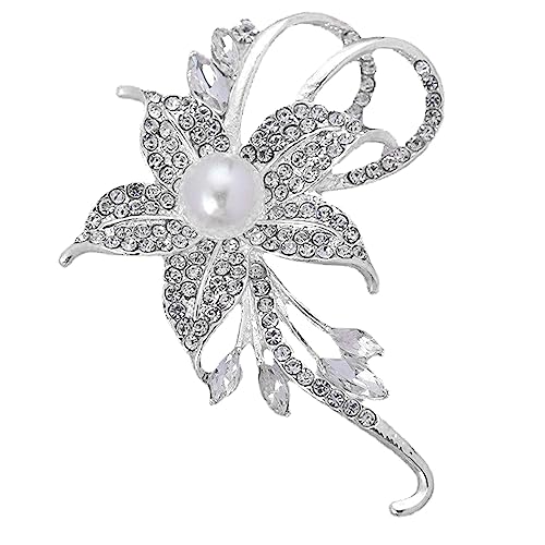 Crystal Pearl Flower Brooches Pins Fashion Beautiful Created Rhinestone Floral Brooch Good Idea for Party Dance Wedding Banquet for Elegant Women Girl - color: Silver Flower