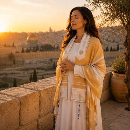 The Holy Promise Messianic Prayer Shawl-72 x22 Christian Tallit with Biblical Verses-Includes Carrying Bag - color: Gold/Beige