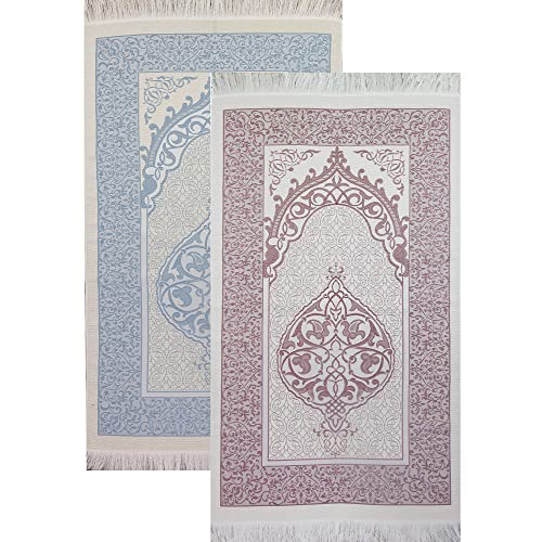 Modefa Muslim Woven Chenille Prayer Rug, Ottoman White/Blue + White/Pink | Thin Chenille and Taffeta Turkish Intricate Metallic Ottoman Salah Mat - color: White/Blue + White/Pink