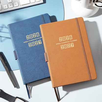 Artfan Planner 2026-2027 - Academic Planner 2026-2027, Jul. 2026 - Jun. 2027, 12-Months Weekly and Monthly, 5.75" x 8.25", Saffiano Leather with Thick Paper, Back Pocket with Notes Pages - Navy Blue - color: Sky Blue D