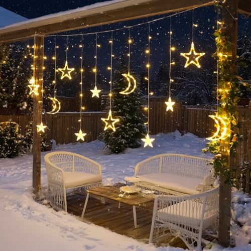 Moon Stars Solar String Lights for Outdoor, Christmas Decorations Curtain Lights with Remote Control and USB Backup Charger, Automatic ON-Off, IP65 Waterproof, Warm Yellow