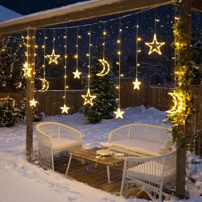 Moon Stars Solar String Lights for Outdoor, Christmas Decorations Curtain Lights with Remote Control and USB Backup Charger, Automatic ON-Off, IP65 Waterproof, Warm Yellow