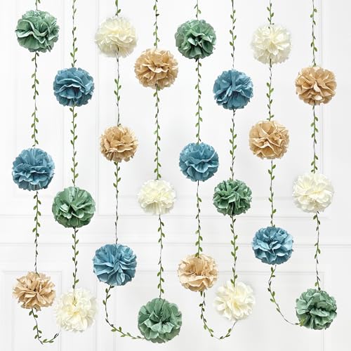 Sage Green Dusty Blue Khaki Beige Tissue Paper Flowers Pom Pom with Leaf Ribbon Hanging Garland Streamer for Birthday Wedding Shower Engagement Silly Goose Themed Party Decorations Supplies - color: sage green blue