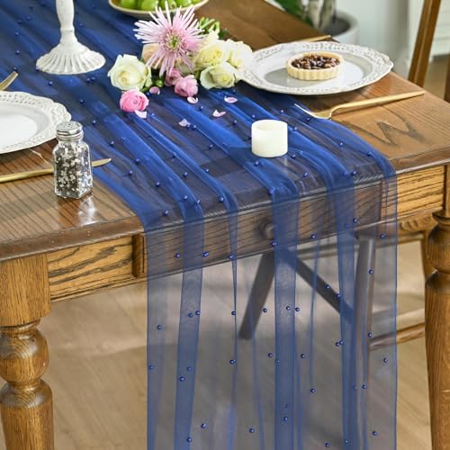 Artoid Mode Pearl Dark Bule Gauze Table Runner 10FT Home Decor - color: Dark Bule, size: 28" x 120"