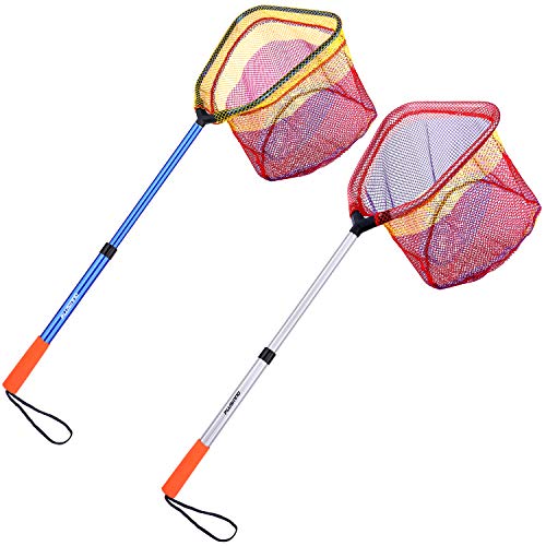 PLUSINNO Kids Fishing Net, Telescopic Lightweight Landing Net with Aluminum Pole Handle and Nylon Mesh, Catch and Release Butterfly Net for Kids Youth Outdoor - color: 2 Pack(1 Blue&1 Silver)