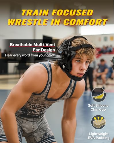 Trymaker Wrestling Headgear, Head Gear for Men and Youth with Chin Cup, Dual-Layer Ear Guard for MMA, BJJ (for Users Age 10+) - color: Black Headgear & Black Strap