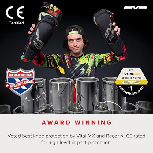 EVS SLAYCO96 AXELL Hodges, Moto Knee/Shin Guard, Reactive Memory Foam | CE Level 3 knee protection with RMF impact foam, breathable Hexprene compression fit, floating sleeve, bio-foam shin coverage - color: Explosion, size: Youth
