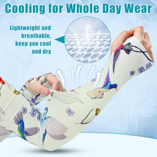 Bebila Gardening Sleeves for Women Farm UV Sun Protection Anti-Scratch Cooling Sleeves with Thumb Hole Arms Cover Outdoors - color: Light Green Bird