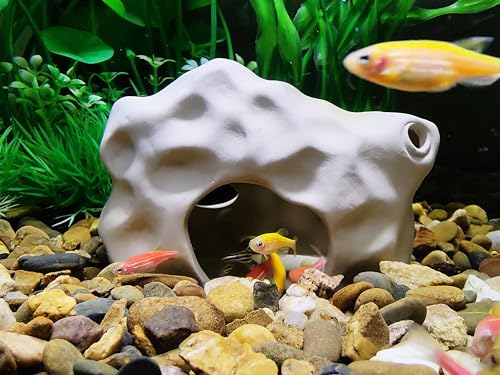 SpringSmart Aquarium Decor Rock Cave for Fish Shrimp Turtle Crab, Betta Fish Tank Decorations Ceramic Hiding Stone, Fish Bowl Landscape Rock with Plastic Plant - size: SH