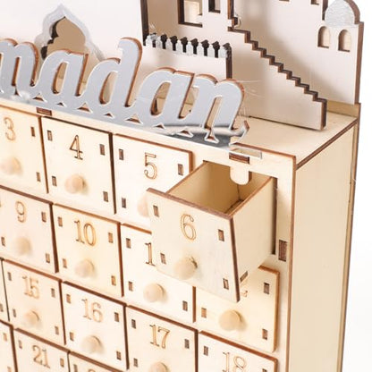 LABRIMP Ramadan Countdown Calendar with 30 Mini Drawers and LED Light - Muslim Eid Festival Party Decoration Wooden Ramadan Advent Calendar for Home Decor
