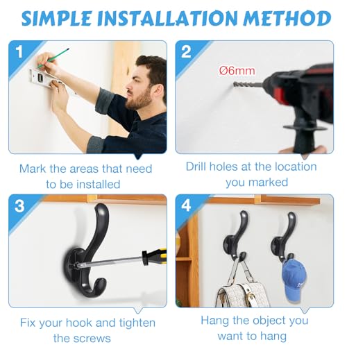 6 Pack Coat Hooks Wall Mount Heavy Duty Utility Retro Double Hooks for Hanging Coats,Hat, Towel, Key, Robe, Scarf, Bag, Cap (Black) - color: 6 Pack-Black