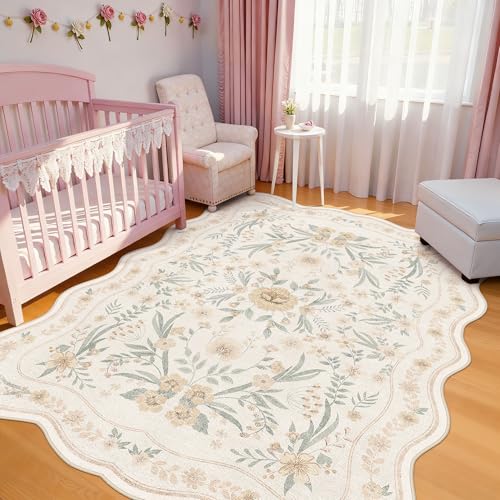 Scalloped Floral Rug 6x9, Neutral Beige Washable Non Slip Area Rug for Bedroom, Soft Low Pile Cream Cottagecore Rug for Living Room, Nursery Girls Room, or Dining Room - color: Beige Scalloped, size: 6' x 9' (Rectangular)