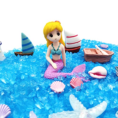 21 Pieces Miniature Garden Accessories, Blue Sand and Miniature Mermaid Dolphin Boat Steamship Figurines Decorations, Micro Beach Ocean Seaside Scene DIY Decor Kit