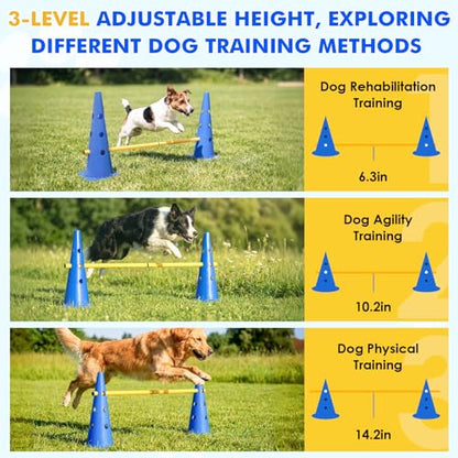 Wdmiya 18.9" Dog Agility Training Hurdle Cone Set with Adjustable Crossbar | Dog Agility Course Backyard Set, Dog Agility Equipment for Obedience, Rehabilitation, Starter - 12 Cones & 6 Poles