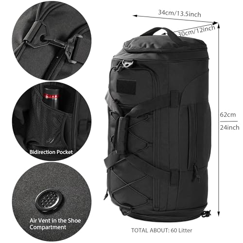 Gym Bag Military Duffle Backpack, Heavy Duty Travel Weekender Bag with Multiple Compartments Including Shoe Compartment Wet-dry Separation Compartment, Adjustable Shoulder Strap 60L Capacity