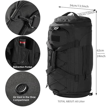 Gym Bag Military Duffle Backpack, Heavy Duty Travel Weekender Bag with Multiple Compartments Including Shoe Compartment Wet-dry Separation Compartment, Adjustable Shoulder Strap 60L Capacity