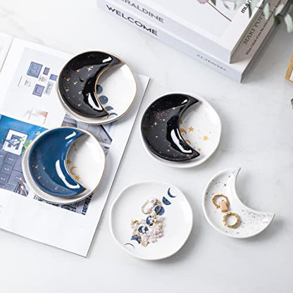 Ceramic Moon Jewelry Dish Tray Ring Holder, Small Decorative Trinket Dish for Rings Earrings Necklaces, Present for Wife and Mom, 4.5 Inch