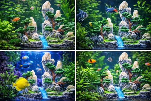Mountain Waterfall Aquarium Decoration – Natural Rock Cliff with Trees & Stream, Hand-Painted Resin Fish Tank Ornament