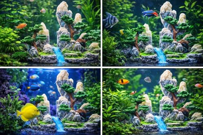 Mountain Waterfall Aquarium Decoration – Natural Rock Cliff with Trees & Stream, Hand-Painted Resin Fish Tank Ornament