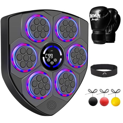 Music Boxing Machine Smart with Rhythm LED – Wall Mounted for Adults & Kids – Incl. Adult Gloves, Headband & 3 Reflex Balls – 9 Modes, Bluetooth Music Sync, Home/Office/Gym Sturdy Fitness Set