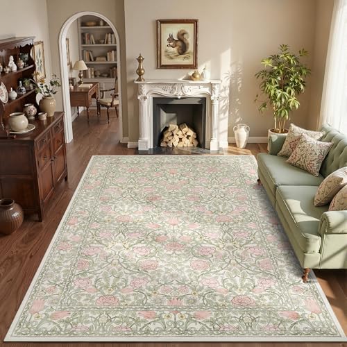 GarveeHome Pink and Green Vintage Floral Washable Rugs 6x9 for Living Room Boho Retro Botanical Rug Low Pile Stain Resistance Non Slip Carpet for Bedroom Nursery Dining Room - color: A Beige / Pink, size: 6' x 9' (Rectangular)