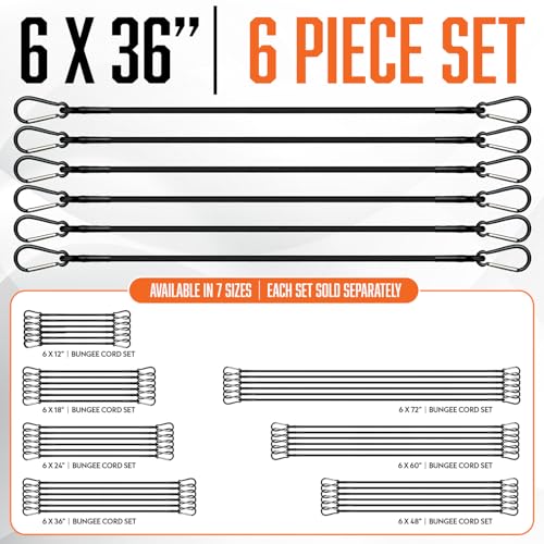 Carabiner Bungee Cords with Hooks 36 Inch - 6Pcs Heavy Duty Outdoor | 3ft UV & Weather Resistant Strong Bungie Chords with Clips - Black Bunjee Straps 3 Foot - Bungy Cord Set 200lb Strength - size: Black 36" (6 Piece)