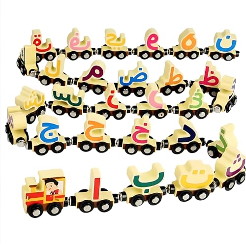 Wooden Arabic Alphabet Train Toy 29 PCS with Magnets, Arabic Letters Puzzle for Toddlers, Compatible with Standard Train Set Tracks Wooden Double-Sided Arabic Toy