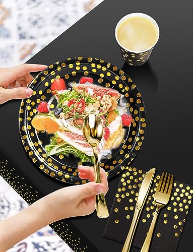 Nkaiso 141Pcs Black Gold Paper Plates and Napkins Party Supplies for20 - color: Black/Gold