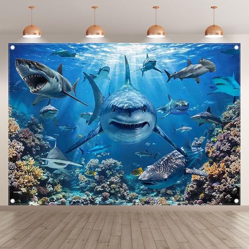 7x5ft Shark Theme Under the Sea Photography Backdrop | Underwater World, Kids Party Supplies, Aquarium Coral Reef Shallows Banner, Deep Ocean Photo Booth, Polyester, Grommets, 1PC - size: 7'x5'