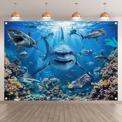 7x5ft Shark Theme Under the Sea Photography Backdrop | Underwater World, Kids Party Supplies, Aquarium Coral Reef Shallows Banner, Deep Ocean Photo Booth, Polyester, Grommets, 1PC - size: 7'x5'