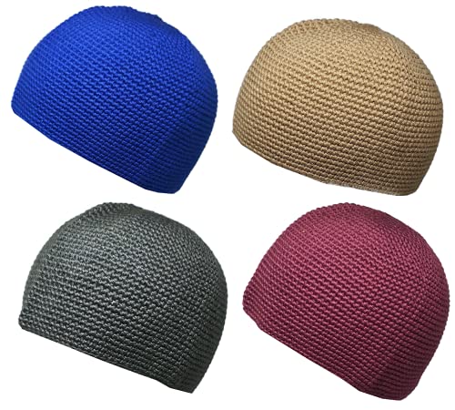 Pack 4 Colors Muslim Beanie Cap Amn-271 Islam Kufi Hat Prayer Knit Crochet Taqiyah Takke Skull Topi Ramadan Gift - color: Mixed Color 1