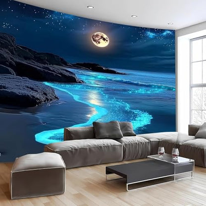 FENDROM 3D Fantasy Nature Sky Tapestry Stunningly Beautiful Moon Over Ocean Wall Hanging Landscape Wall Art Blanket for Bedroom Living Room - color: Blue, size: 59"L x 39"W