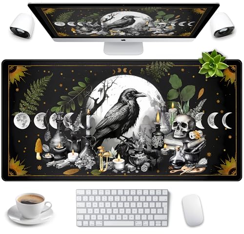 Cute Kawaii Raven Desk Mat XXL Large Extended Gaming Mouse Pad Nature Forest Gothic Mousepad with Stitched Edges, Anime Skull Laptop Keyboard and Mouse Mat Desk Pad for Work Game 31.5x15.7 in - color: Anime Black Crow